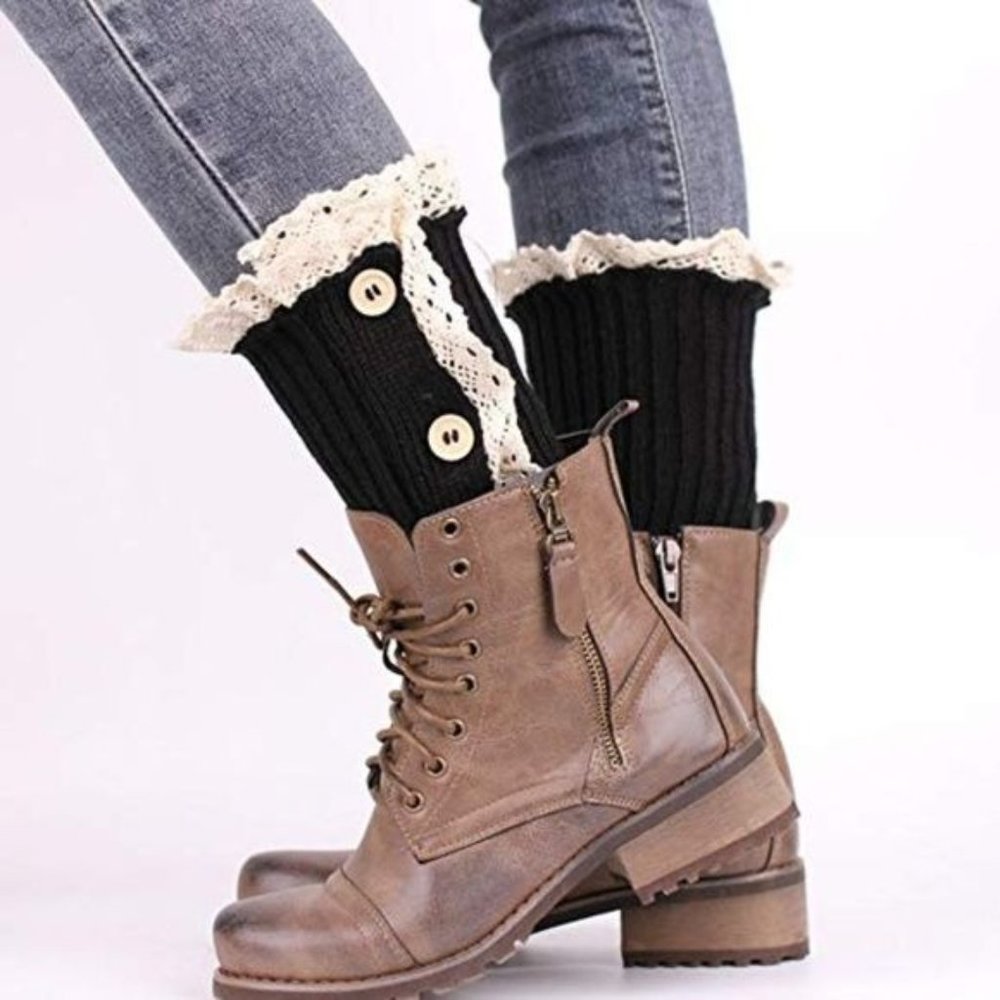 Burgundy Boot Cuffs Knit Lace & Button Trim Boho Socks Toppers NWT